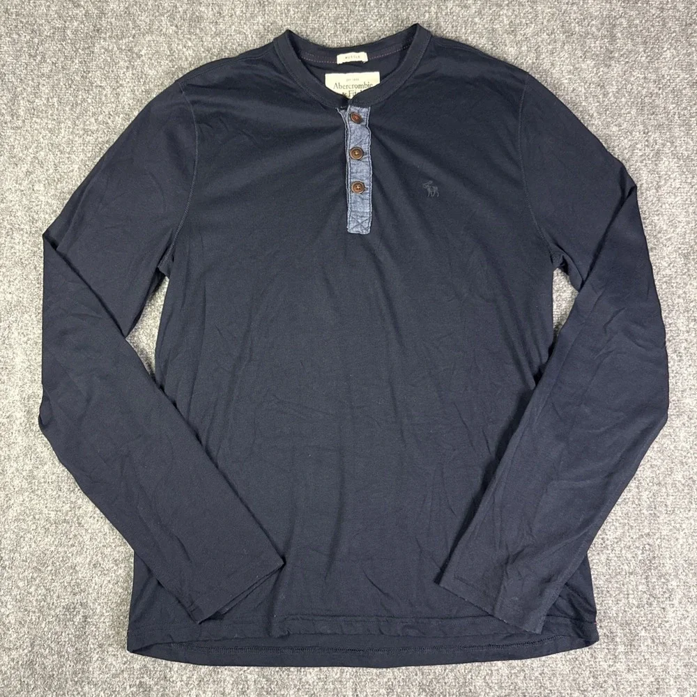 Abercrombie‎ & Fitch Henley Shirt M Navy Long Sleeve Muscle Fit Moose Logo